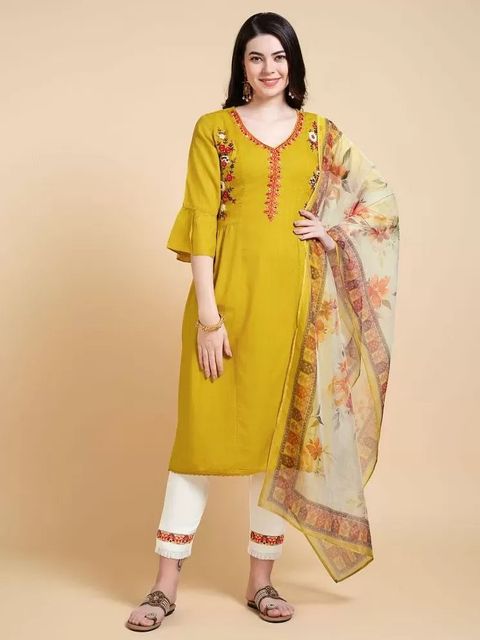 MOJILAA Rayon Embroidered Kurti With PantsWomen's Stitched Salwar Suit - Mustard (SD)