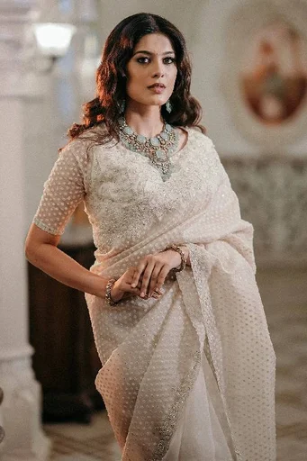 Ivory White Pearl Embroidered Organza Saree