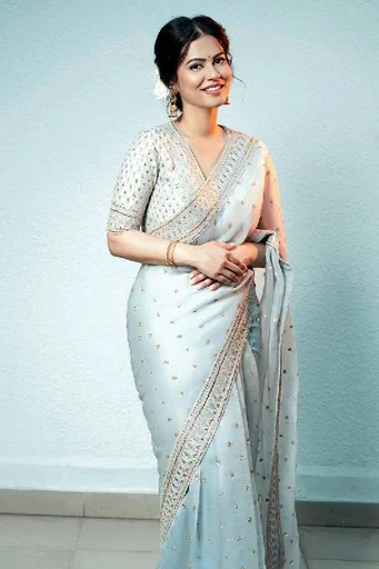 Pastel Blue Sequins Embroidered Organza Saree