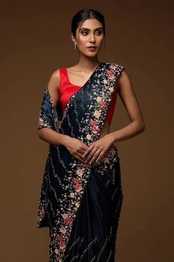 Midnight Blue Sequins Embroidered Crepe Saree