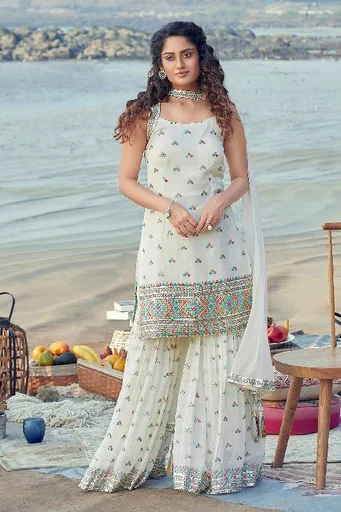 Off-White Abla Embroidered Georgette Sharara Suit