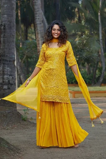 Mustard Yellow Resham Embroidered Georgette Sharara Suit