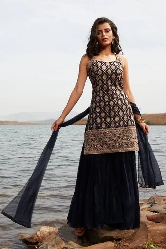 Midnight Blue Sequins Embroidered Georgette Party Wear Salwar Kameez