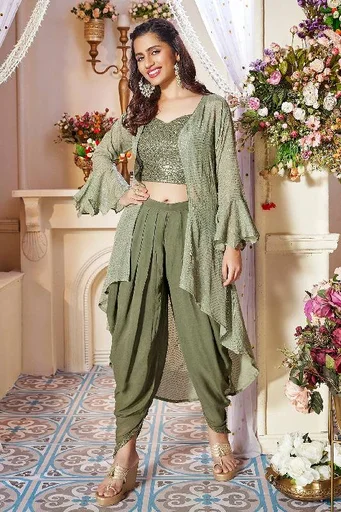 Olive Branch Green Sequins Embroidered Georgette Crop Top Suit