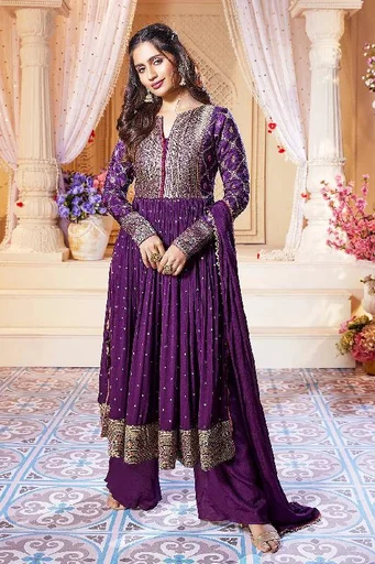 Plum Purple Zari Embroidered Crepe Festive Salwar Kameez