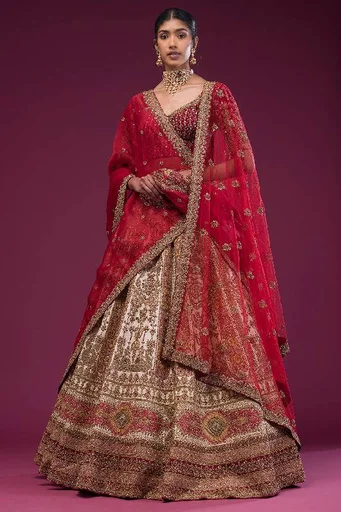 Off-White Zardosi Embroidered Raw Silk Bridal Lehenga