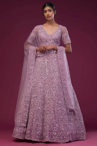Opera Mauve Purple Sequins Embroidered Net Reception Lehenga
