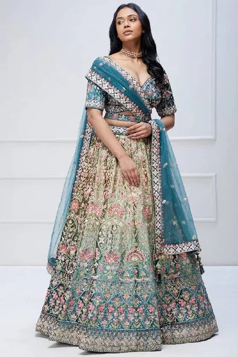 Blue & Green Resham Embroidered Velvet Bridemaids Lehenga