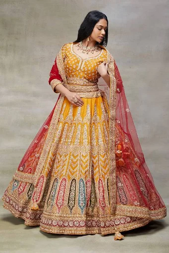 Turmeric Sequins Embroidered Raw Silk Wedding Lehenga