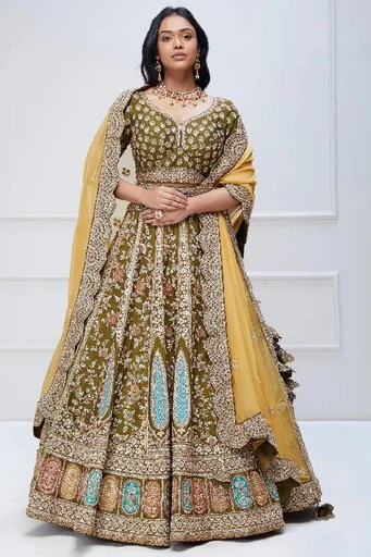Green Brown Sequins Embroidered Raw Silk Wedding Lehenga