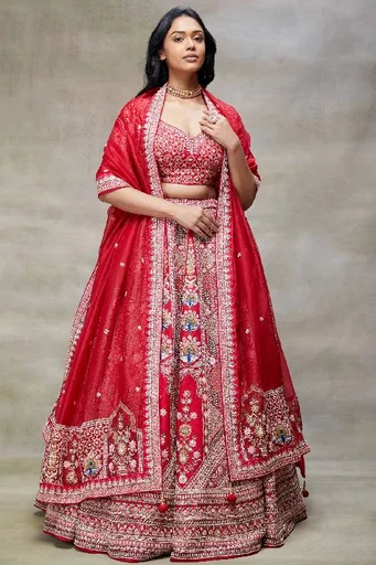 Crimson Red Zardosi Embroidered Raw Silk Wedding Lehenga