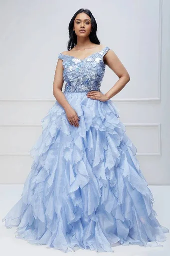 Pastel Blue Sequins Embroidered Organza Indowestern Gown
