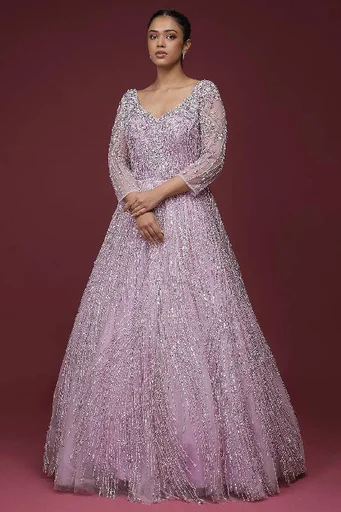 Light Lilac Stone Embroidered Net Reception Gown