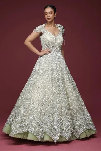 Pale Lime Yellow Cutdana Net Reception Gown