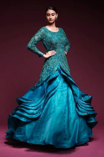 Teal Blue Sequins Embroidered Net Indowestern Gown