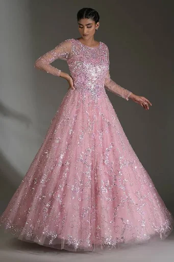 Pastel Pink Sequins Embroidered Net Bridal Gown