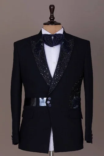 Dark Midnight Blue Cutdana Embroidered Italian Tuxedo Suit