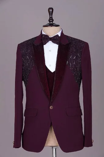 Beet Purple Cutdana Embroidered Italian Tuxedo Suit