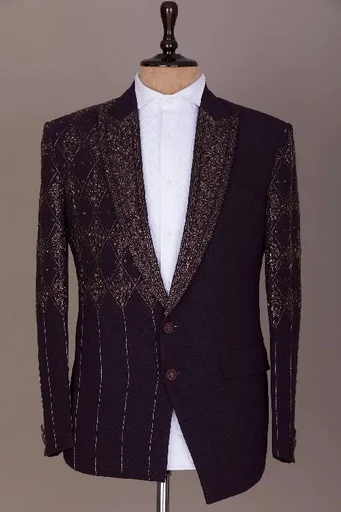 Dark Purple Cutdana Embroidered Italian Tuxedo Suit