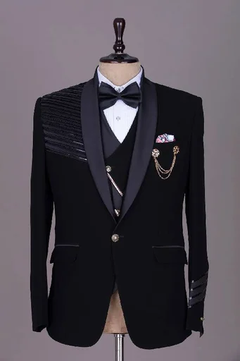 Black Metallic Strip Embroidered Italian Tuxedo Suit