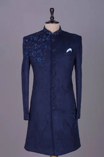 Dark Midnight Blue Cutdana Embroidered Suede IndoWestern Sherwani