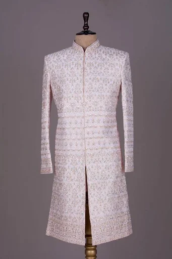 Pale Peach Resham Embroidered Raw Silk Wedding Sherwani