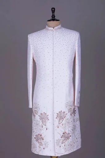 Off-White Resham Embroidered Raw Silk Wedding Sherwani