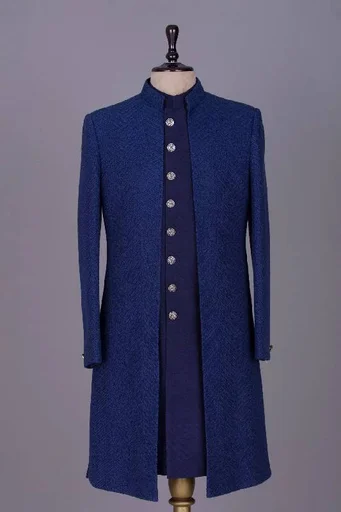 Dark Blue Thread Embroidered Raw Silk IndoWestern Sherwani