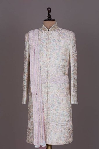 Off-White Resham Embroidered Raw Silk Wedding Sherwani