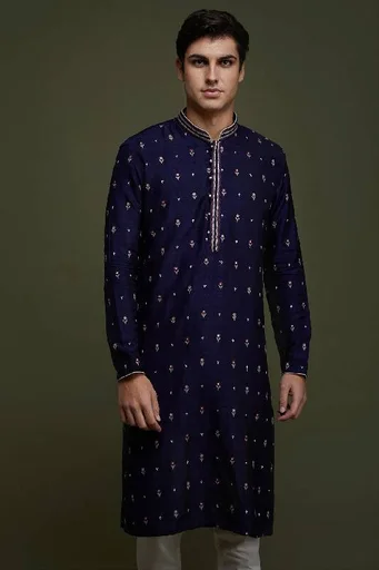 Dark Midnight Blue Resham Embroidered Silk Kurta