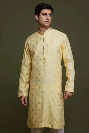 Pale Yellow Zari Woven Silk Kurta