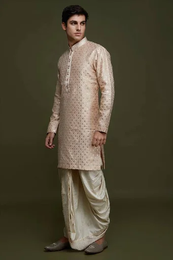 Light Peach Zari Woven Silk Kurta