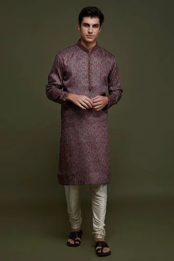 Grey Green Printed Silk Kurta