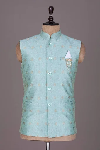 Powder Blue Zari Woven Raw Silk Waistcoat