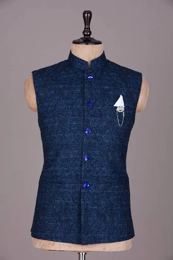 Dark Midnight Blue Printed Silk waistcoat 