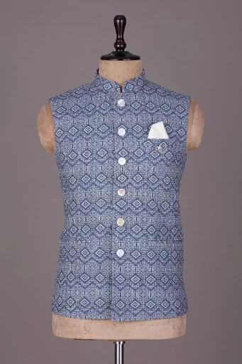 Blue Printed Silk waistcoat 