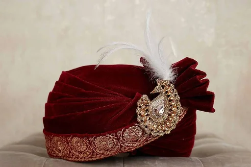 Maroon Red Zari Embroidered Velvet Safa