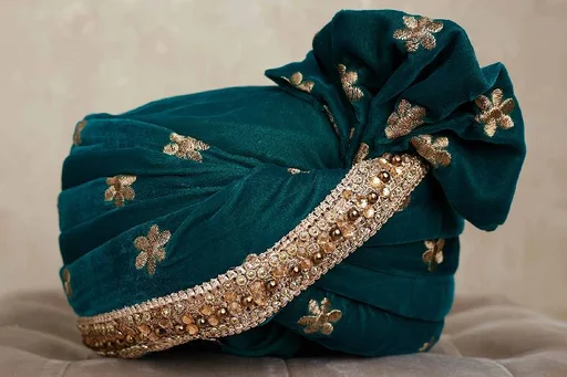 Peacock Green Zari Embroidered Velvet Safa