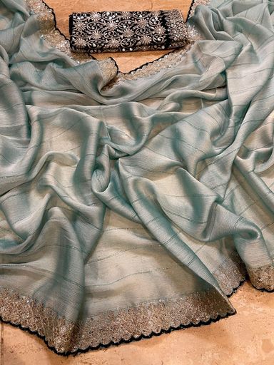 Burberry Chiffon Squence Multi Emrodiry Work Saree | Code AS101