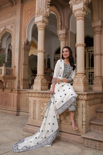 White-Black Cotton Embroidered Suit Set | Code K144 ryy
