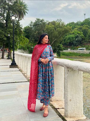 Block print floral alia cut anarkali Kurti set | Code K220 jkw2