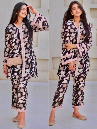 Black Floral Printed Cord Set | KD107 stt