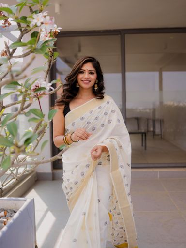 Mul flower gold and black cotton embroidered saree | Code TS115 kbb