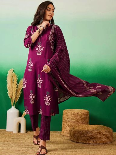 stylish discharge print Long slit Cotton kurta pant set | Code K326 stt