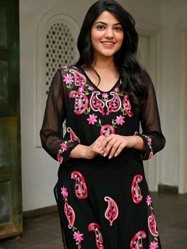 _Exclusive Lucknowi chikankari aari work kurti pant set | Code D234 stt