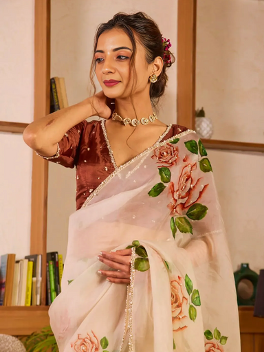 exclusive floral handwork saree | Code AS529 gr