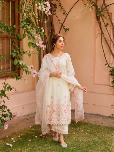 Ivory White Chanderi Embroidered Suit Set | Code D235 akd