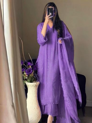 TRENDING CHINON TOP COTTON THREAD EMBROIDERED WORK AND  PLAZO WITH DUPATTA SET | Code D239 gr