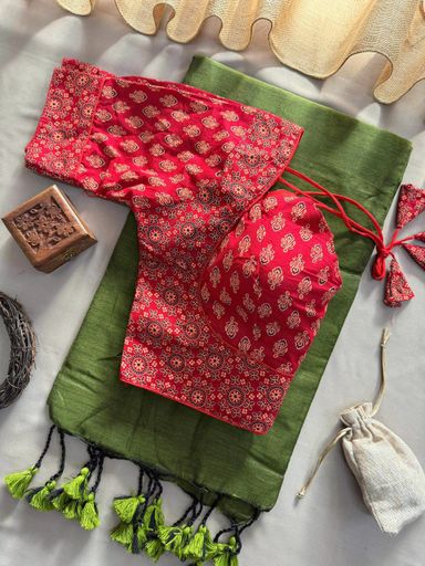 Premium Handloom Khadi COTTON Saree with Pure Ajrakh Stick blouse | Code AS534 pjj
