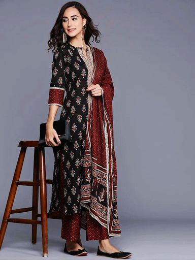 Black Printed Cotton Straight Kurta set | Code K351 HK